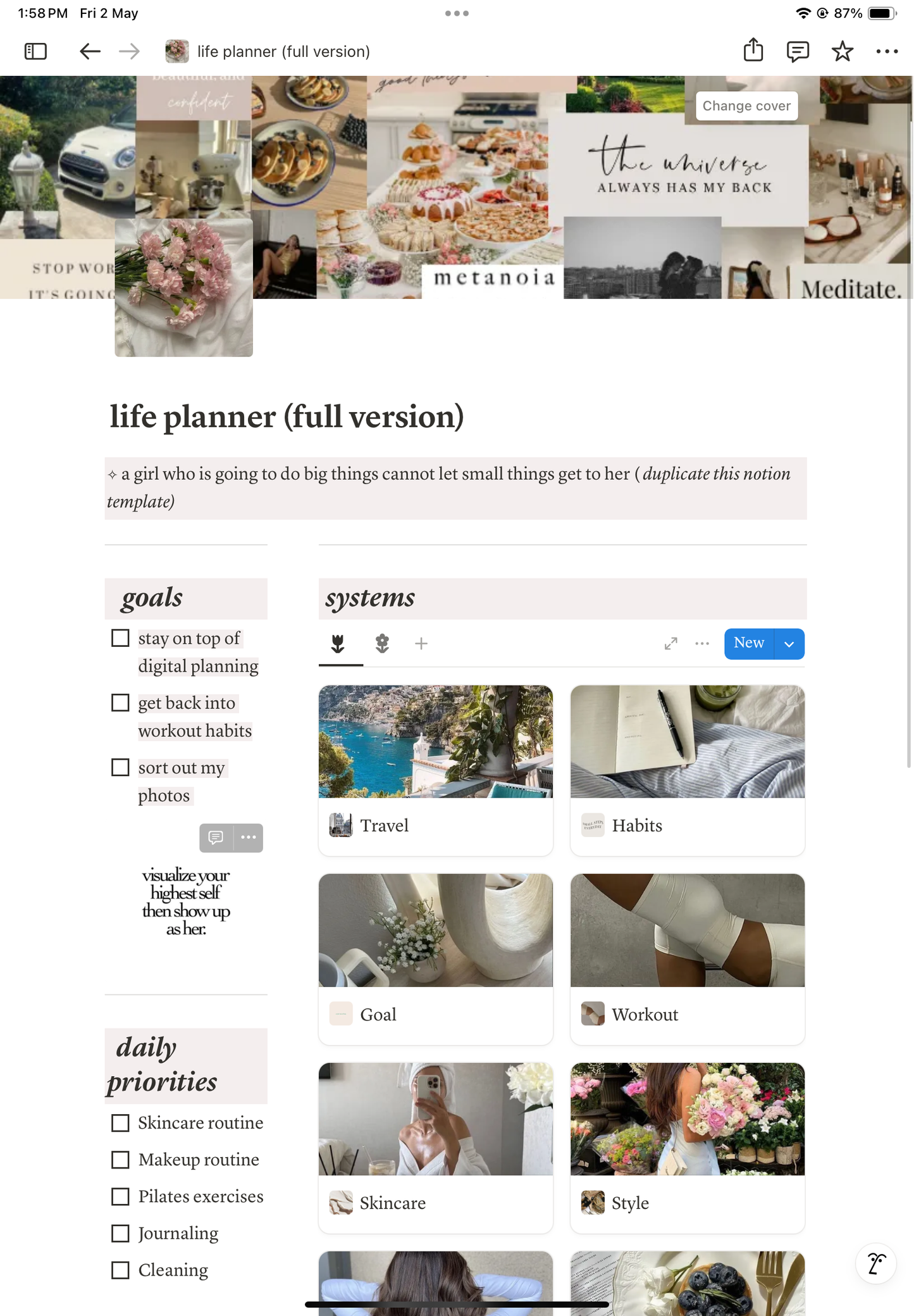 A detailed preview of the Full Notion Life Planner, featuring comprehensive rituals, reflective practices, and nourishing routines tailored for those deeply committed to mindfulness and holistic self-care.