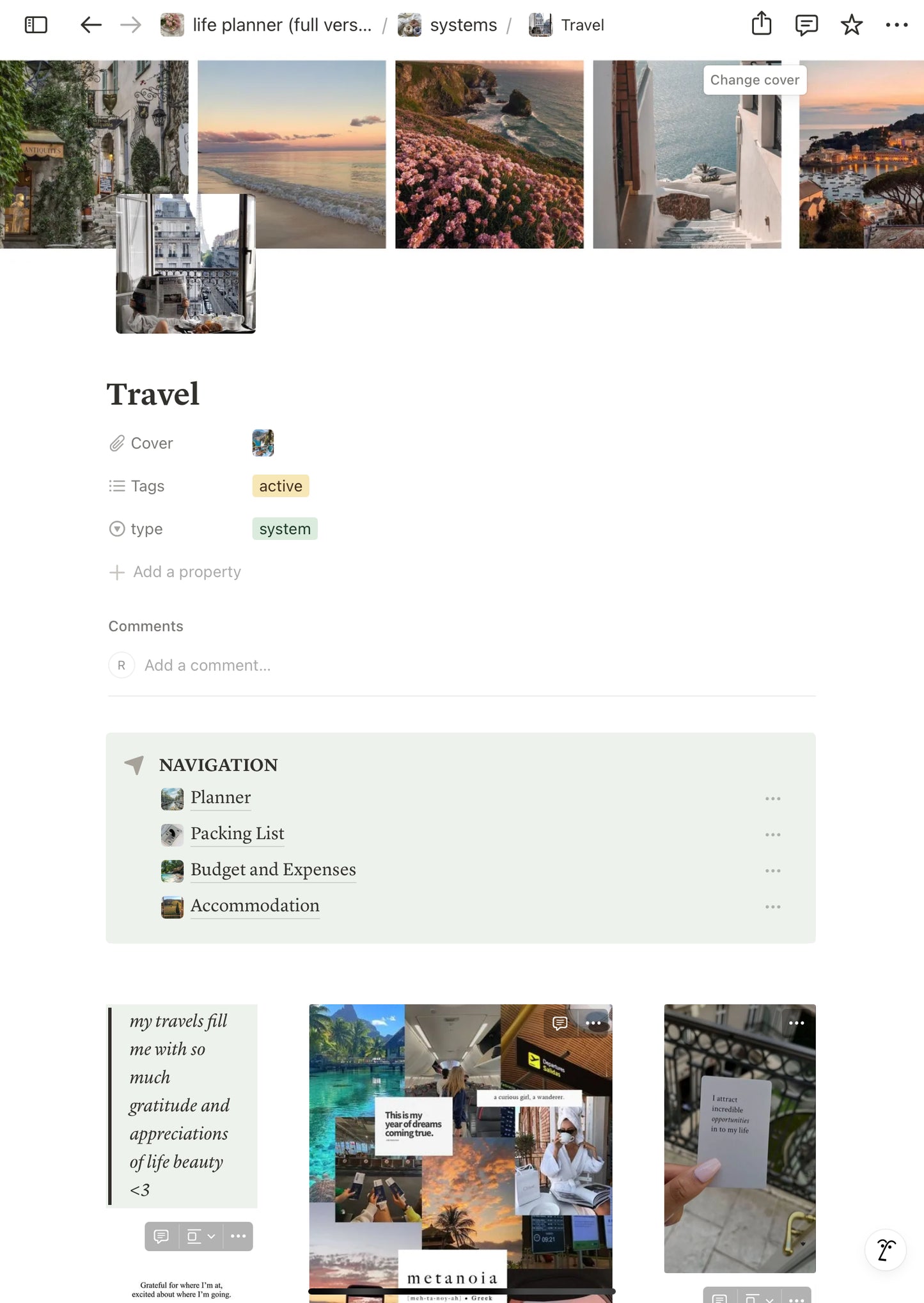 A detailed preview of the Full Notion Life Planner's Travel page, featuring comprehensive rituals, reflective practices, and nourishing routines tailored for those deeply committed to mindfulness and holistic self-care.