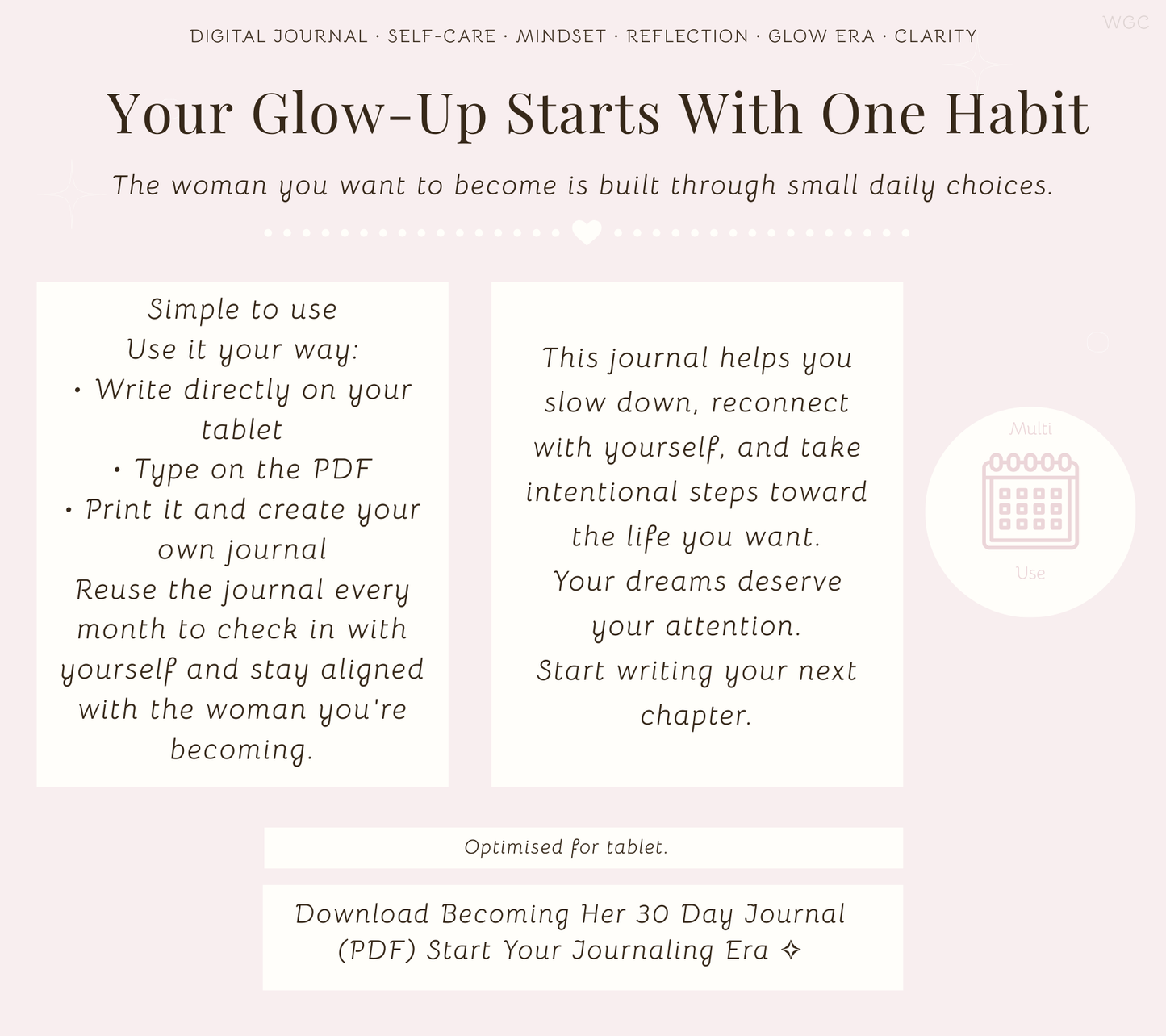 Becoming Her 30-Day Reset Journal | Guided Reflection & Self-Growth (Printable + iPad)