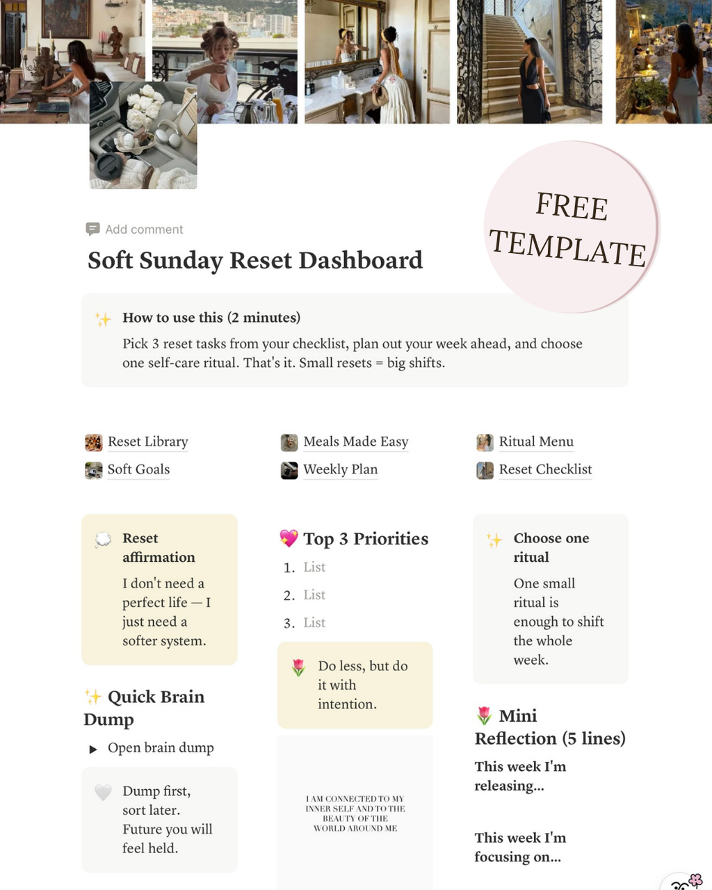 Free Sunday Reset Dashboard | Notion Weekly Planner Template