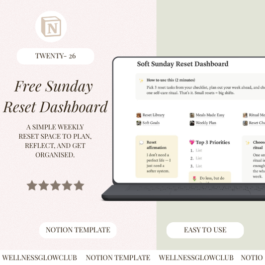 Free Notion Template for Women Sunday Reset Dashboard (Soft Girl Wellness Planner)